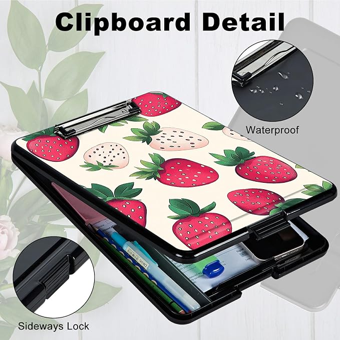 Heavy Duty Storage Clipboard, Slim Nursing Clipboard with Internal Pen Case, Portable File Organizer Case for A4 Letter Size Paper Office Medical Professionals, Pink Strawberry