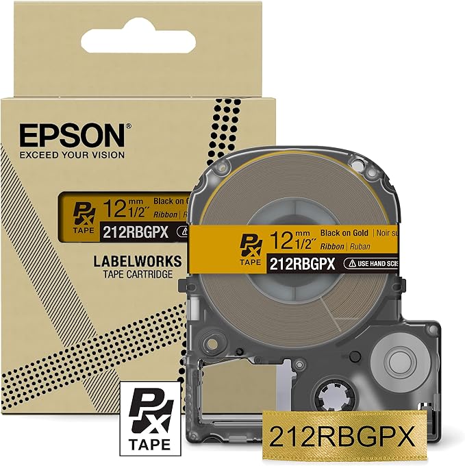 Epson LABELWORKS 212RBGPX Label Tape - Black on Gold Ribbon - 1/2" (12mm) | Genuine Epson designer craft PET tape for LW-C410PX & C610PX, decorative finish for crafts & decor