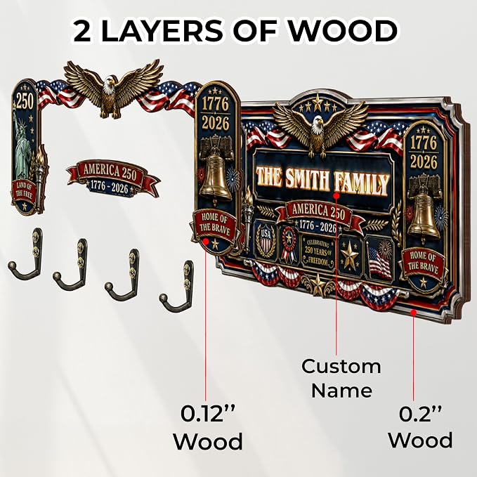 Personalized Key Holder Wall Mount, Custom USA 250th Anniversary Key Wall Hanger Organizer with Family Name, Keys Hanger Rack for Bags, Coats, Umbrellas, Keys Hooks for Entryway, Door, Bathroom