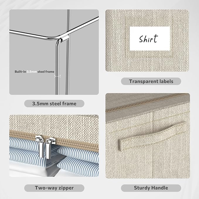 CYhom Clothes Storage Bins Box - Linen Fabric Foldable Stackable Container Organizer Set with Clear Window & Carry Handles & Metal Frame - 2Pack Large Capacity for Bedding, Blankets, Books