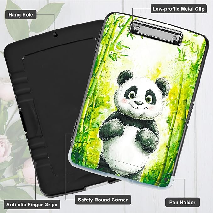 Green Bamboo Panda A4 Clipboard with Storage Pen Holder, Clipboards Organizer Nursing Clipboard Foldable File Folder Plastic Clipboard Folio Clip Board for Office Students Classroom Doctor