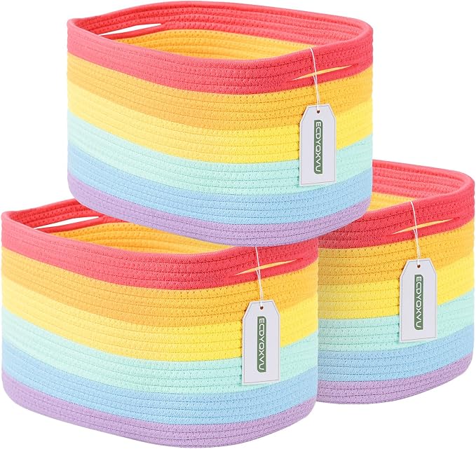 ECDYQXVU 15x10x9 Inch Woven Cotton Rope Storage Basket, 3 Pack | Foldable Design, Built-in Handles, Space-saving Organizer for Living Room, Bedroom, Laundry, Shelves, Clothes, Towels