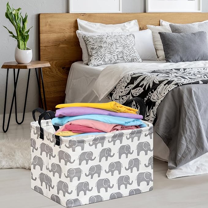 Baby Storage Basket Nursery Box Laundry Hamper Organization Bins for Toys and Clothes with Handles (Elephant)