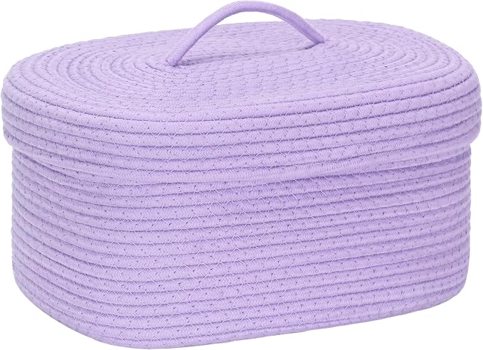 Sea Team Oval Storage Basket, Woven Cotton Rope Basket with Lid, Lavender | Decorative Knitted Storage Bin, Multi-Purpose Lidded Organizer for Closet Shelves, Nursery and Household Storage