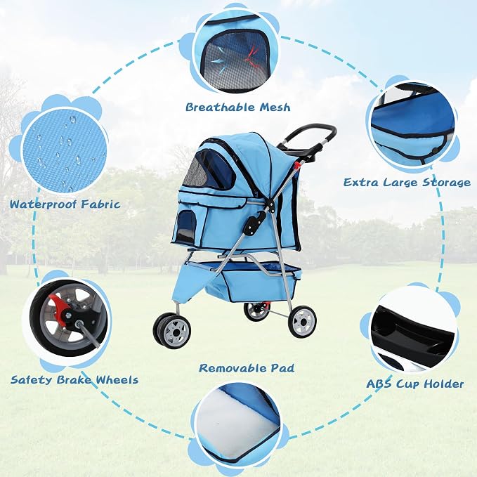 Dog Stroller With Storage Basket,3 Wheels Pet Stroller,Breathable Compact Portable Folding Carrier For Travel,Camping,Dog Carrier For Small Medium Dogs Or Cats,Lightweight Waterproof Pet Stroller,BLUE