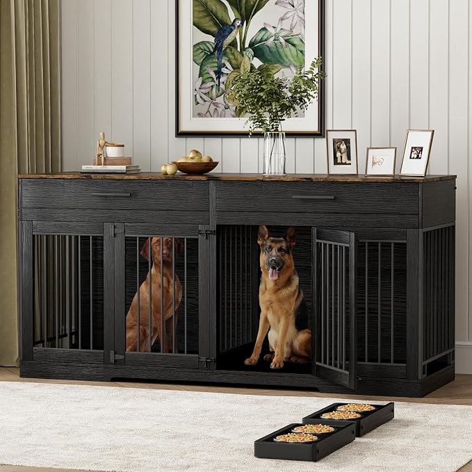 Rophefx 72" Double Dog Crate Furniture with Drawers and Divider, Black | Wooden dog kennel for 2 medium dogs with 2 drawers, removable divider, 4 bowls and TV stand top