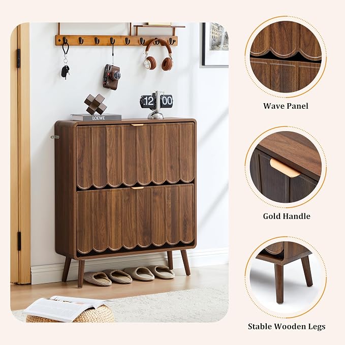 Shoe Storage Cabinet for Entryway with 2 Flip Drawers, Freestanding Narrow Wooden Shoe Cabinet with Wave Panel, Hidden Shoe Organizer for Foyer, Hallway (Walnut)