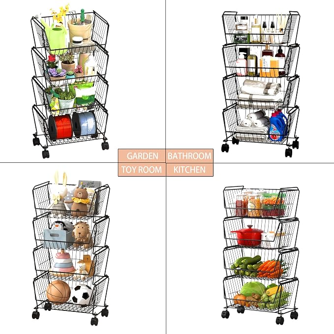 PUSDON 4-Tier Large Stackable Wire Storage Baskets with Wheels, Metal Rolling Utility Cart Organizer, Produce Basket for Kitchen Pantry, Floor Shelf, Matte Black