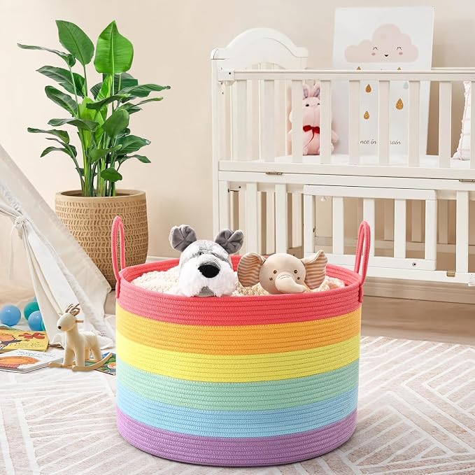 67L Large Rainbow Blanket Basket, Cotton Rope Baby Laundry Hamper with Handles, Kids Toy Basket for Classroom & Nursery, Soft Round Stuffed Animal Storage, Dog Toy Bin - 20"x13", Rainbow