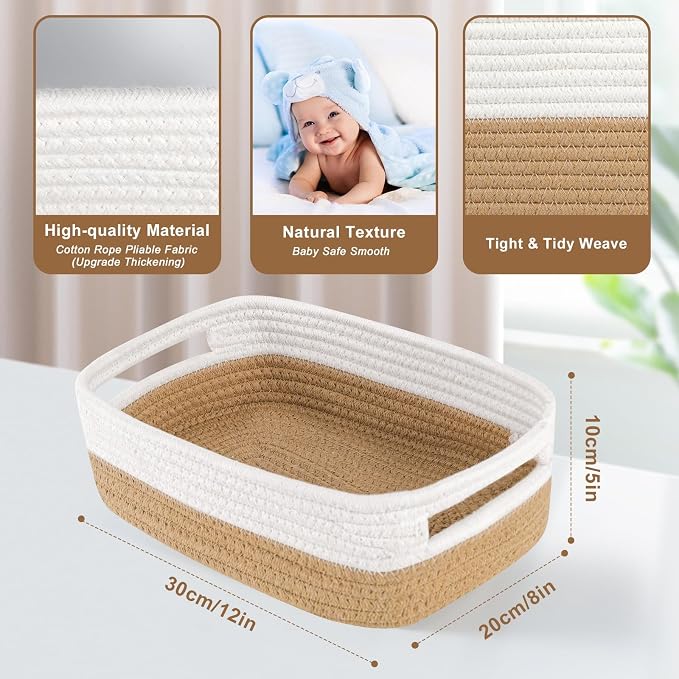 Small Basket with Gift Bags and Ribbons，Small Woven Basket Cute Oval Cotton Rope Gifts with Handle Empty Baby Wicker Storage Basket for Baby Showers Pet Toy Bin (White brown, 3 Pack (12"x 8"x 5"))