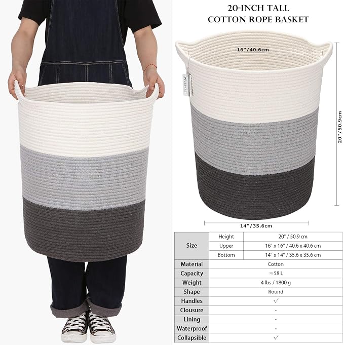 Sea Team Large Woven Cotton Rope Laundry Basket with Handles, 20 x 14 in | Collapsible Knitted Hamper, Closet Shelf Organizers, Containers for Clothing, Blankets, Toys, Bedding, Gray