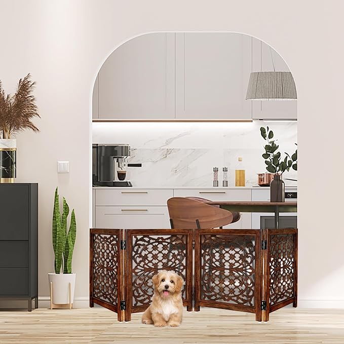 Lightnpro 4-Panel Wooden Dog Gate – 72 Inch Extra-Wide Foldable Freestanding Pet Barrier, Rustic Burnt Finish Indoor Safety Fence for Small Dogs & Puppies – 24x18 Inch Panels