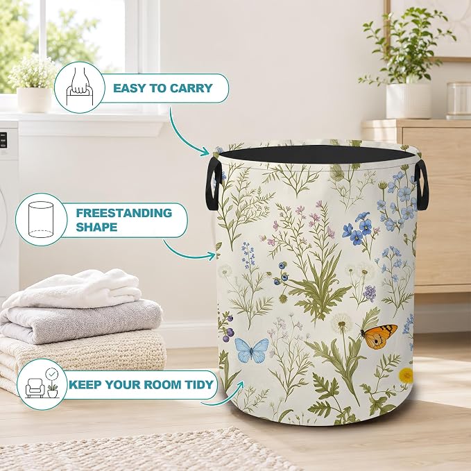 Wildflower Botanical Portable Laundry Hamper,Butterfly Flowers Collapsible Clothes Basket with Handles,Waterproof Oxford Cloth Organizer for Dorm Bedroom Bathroom Nursery,16 x 20 Inch