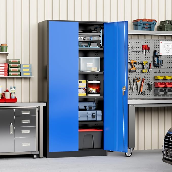 Greenvelly Metal Storage Cabinet with Doors and Shelves, 72" Inch Locking Metal Cabinet,Garage Storage Cabinet for Garage Office School Warehouse (Black Blue)