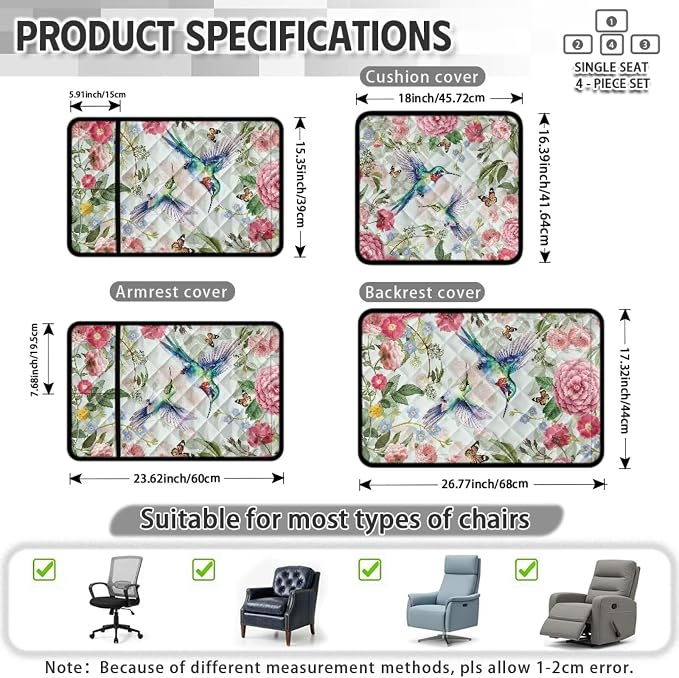 4-Piece Non Slip Recliner Chair Cover Hummingbird | Quilted Recliner Chair Covers with Pockets Floral Furniture Covers for Recliners Lazy Boy Sofa Armchair,Scratch Resistant