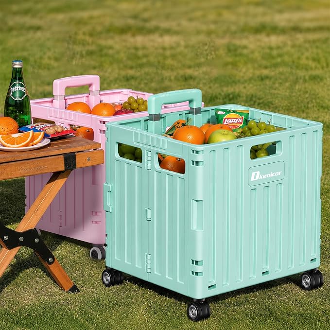 Folding Utility Cart with Lid, Portable Rolling Crate Handcart Collapsible Shopping Trolley, Durable Plastic Foldable Tool Basket with 4 Rotate Wheels for Grocery, Office, Luggage, School - Cyan