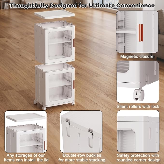 4-Tier Tall Narrow Plastic Storage Cabinet, Foldable | Rolling Organizer with Lid,4 Doors,2 Adjustable Shelves,Stackable,Durable PP,Freestanding Bathroom Cabinet for Slim Space