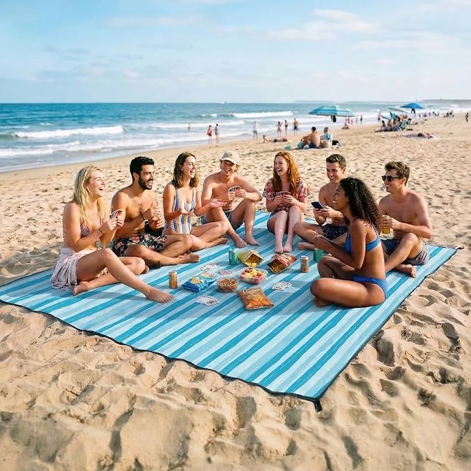OIGAE Beach Blanket Waterproof Sandproof Oversized Beach Mat | Picnic Mat with Stakes, Storage Bag - Essentials for Outdoor Beach, Picnic,Quick-Dry Lightweight,Windproof Pockets