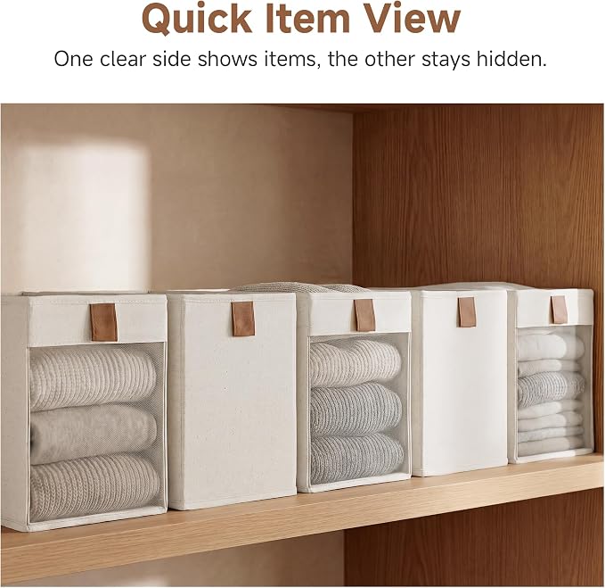 StorageWorks Narrow Storage Bins, Small Storage Baskets, Beige, 3-Pack | Soft Leather Handles, Flip to Show/Hide, Collapsible Small Storage Bins for Closet, Shelf, Bedroom, Bathroom, Space-Saving