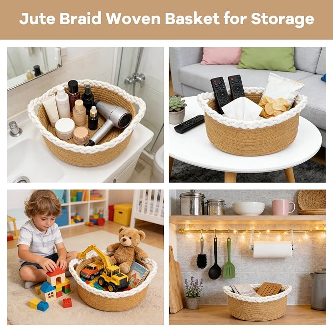 Small Storage Basket, Braided Cotton Rope Basket with Handles - Jute Color Boho Organizer for Bathroom, Nursery & Living Room, Gift & Home Decor (11"x7"x4.7")