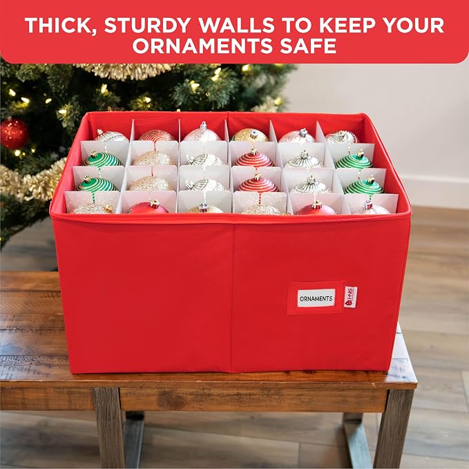 Christmas Ornament Storage Container with Dividers - Box Stores Up to 96 Ornaments, Zippered, Convenient, Adjustable, Large Organizer Bin to Protect Holiday Décor, Fits Most Standard Size, Red
