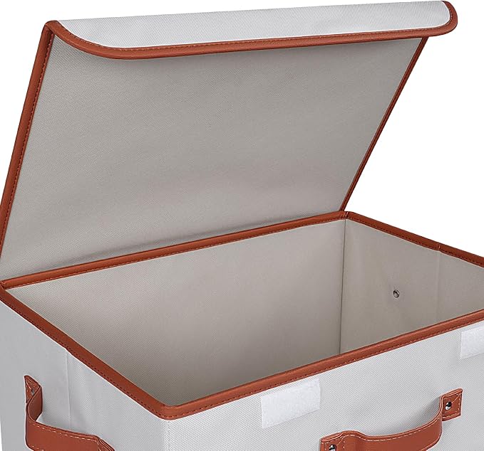 Univivi Fabric Storage Bins with Lid, Stackable Storage Box, Beige, 3 PCS | Heavy Duty, Large Capacity, Leather Handle, Oxford Fabric, Sturdy PP Board, Storage Bins for Bedroom, Closet, Nursery, Office