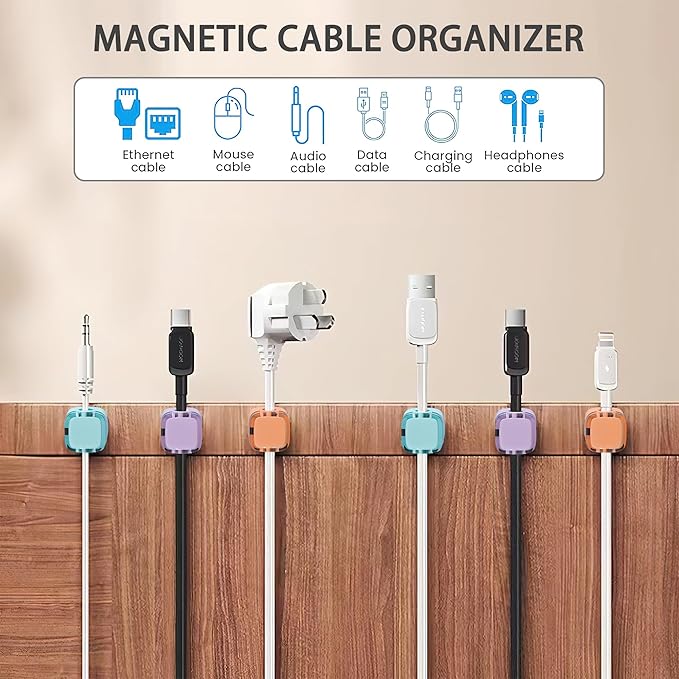6 Pack Magnetic Cord Organizer & Cable Clips - Adjustable Under Desk Cable Management, Adhesive Wire Holder for Home, Office, Phone, Car, Wall, and Nightstand (Mint Green)