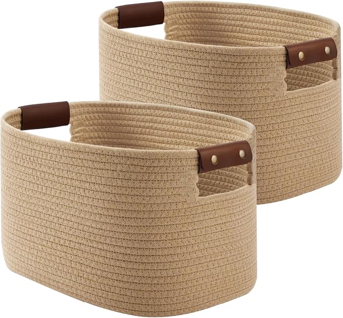 ECDYQXVU 15x10x9 Woven Cotton Rope Storage Basket, Leather Handles 2 Pack | Foldable Design, Sturdy PU Handles, Easy to Clean Organizer for Living Room, Closet, Shelves, Bedroom, Laundry, Clothes