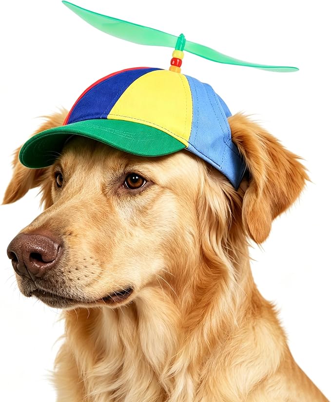 Pet Propeller Hat - Colorful Rainbow Helicopter Hat, Adjustable Cute Baseball Cap with Removable Propeller for Small Medium Dogs & Cats (Sizes S/L)