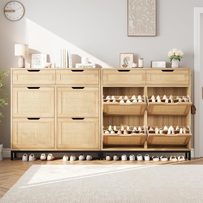 Jocoevol Rattan Shoe Cabinet for Entryway with 4 Flip Drawers and 2 Drawers, Narrow Freestanding Shoe Storage Cabinet with Metal Legs for Entryway/Hallway/Foyer