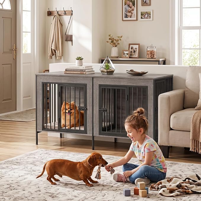 EasyCom 55" Wooden Double Dog Crate Furniture, Removable Divider, Oak Grey | Raised Legs, For 1–2 Small to Medium Dogs, Multiuse TV, Plant & Display Stand