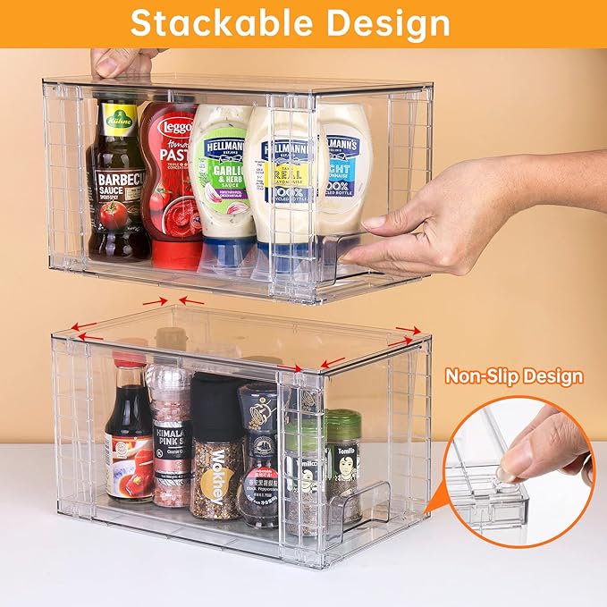 4Pack Large Stackable Kitchen Storage Drawers Holder, Clear Foods Organizer Bins with Handles, Easily Assemble for Bathroom, Kitchen, Pantry, Cabinet, Closet