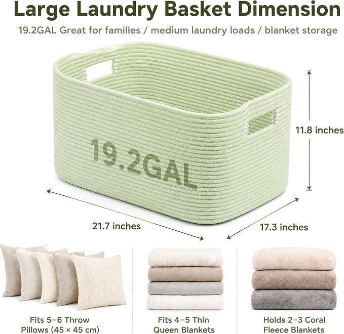 19.2GAL Sturdy Large Laundry Basket with Handles for Bathroom, Dorm Dirty Clothes, Portable Aesthetic Boho Cute Woven Storage Blanket Baskets for Living Room Decor Girls Boys Pets Toys Sage Green