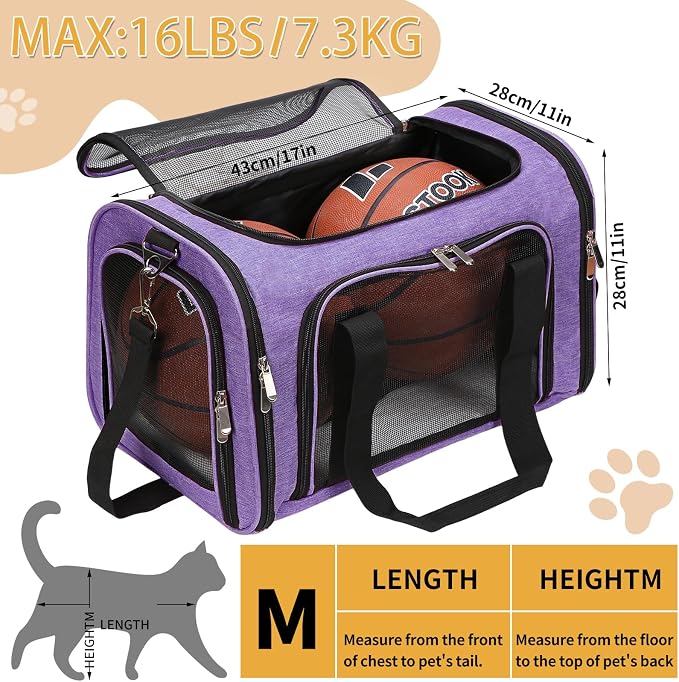 Soft-Sided Cat/Dog/Pet Carrier, Collapsible Pets Travel Carriers | for Big Cats/Small Dogs with Shoulder Strap & Removable Mat, Mesh Puppy Carry Bag, Up to 16 Lbs, TSA Airline Approved(Purple)