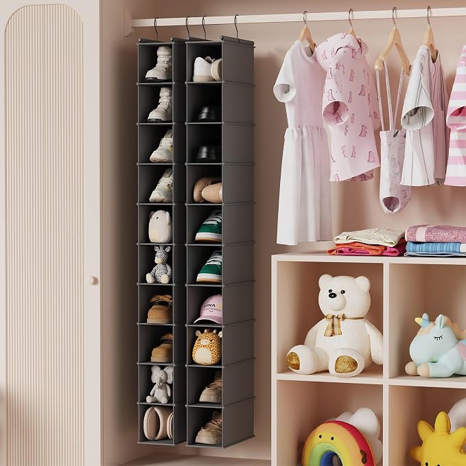 MAX Houser 10-Shelf Hanging Shoe Shelf Organizer for Closet,2 Pack Grey | Foldable Hanging Shoe Storage Shelf with 2 Metal Hooks, Space Saving Storage for Narrow Space