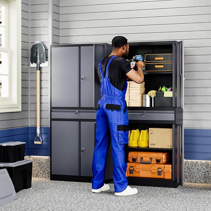 Metal Garage Storage Cabinet with Locking Doors and Adjustable Shelves, 71" Steel Tool Storage Cabinet with 1 Drawer for Garage,Office,Warehouse (Gray Black)