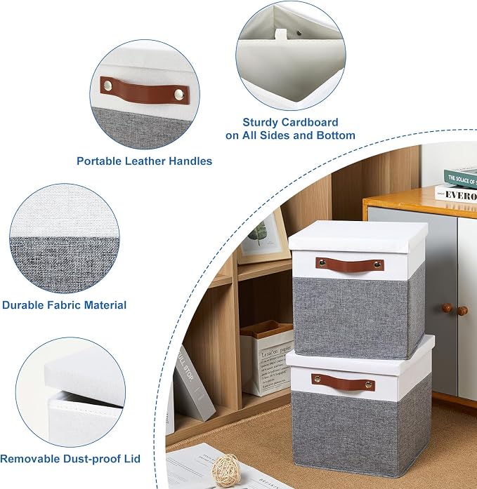 Temary Foldable Fabric Storage Bins with Lids, 2-Pack Storage Bin for Organizing Living Room, Closet Organization, Multi-Purpose Storage Boxes for Clothes (White&Grey, 10.5x10.5x10.5in)
