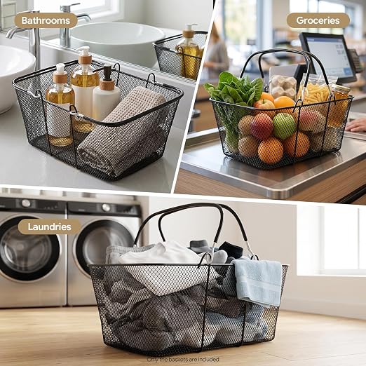 12PCS Shopping Baskets with Handles, 15.7x12x7inch Metal Storage Bins Grocery Baskets, Portable Shop Basket Used for Supermarket, Retail, Bookstore (Black Metal)