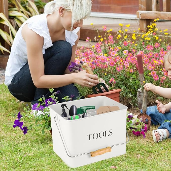 Garden Tool Organizer - Metal 3-Compartment Caddy With Handle, Indoor/Outdoor Use - White