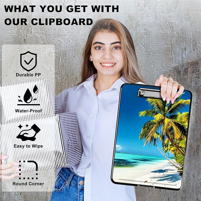 Blue Beach Palm Tree A4 Clipboard with Storage Pen Holder, Clipboards Organizer Nursing Clipboard Foldable File Folder Plastic Clipboard Folio Clip Board for Office Students Classroom