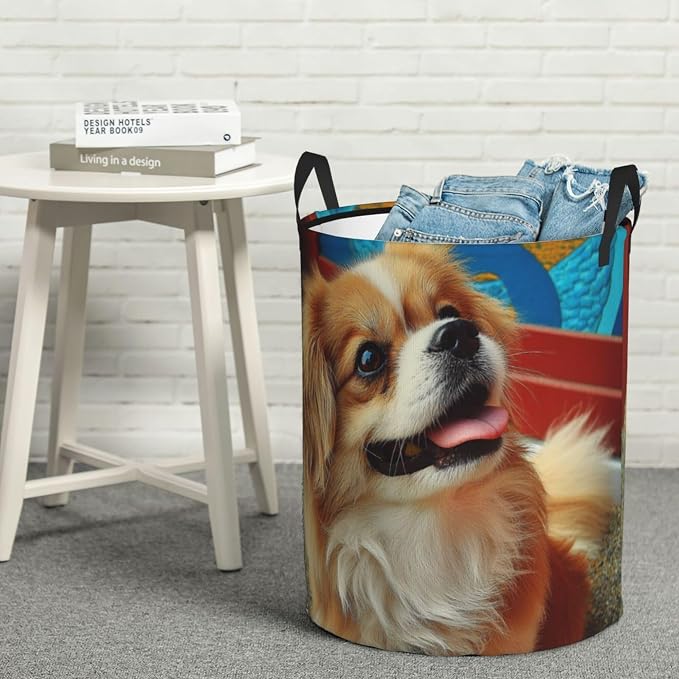 Sweet pet illustration,aesthetic laundry basket 13.8x16.5 inch 38L | Portable clothing storage basket，foldable with handle, very for laundry rooms, bathrooms, student dormitories, home bedrooms