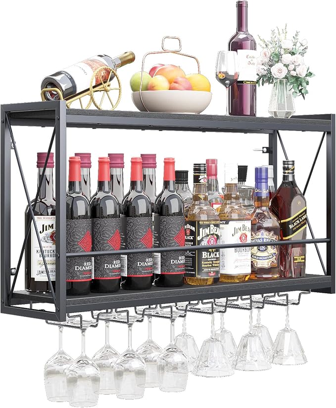 Dokser Wine Rack Wall Mounted Shelf - 2 Tier Wine Bottle Holder for Kitchen | Black 2 Tier Wall Wine Rack with Rustic Wood & Industrial Iron Frame Wine Bottle Holder for Dining Room, Home Bar Decor 31.5"
