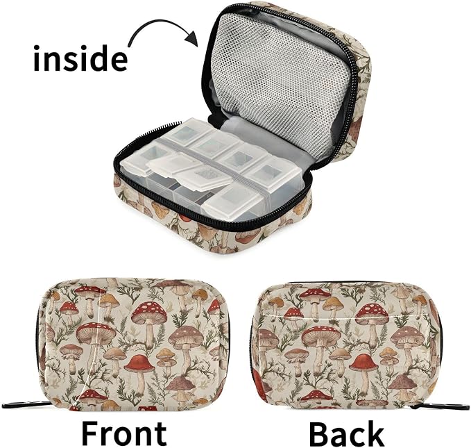 Fustylead Vintage Various Mushroom and Fern Pill Organizers 2 Times A Day Pill Case Bag with Zipper Portable Weekly Pill Dispensers for Vitamin Supplement