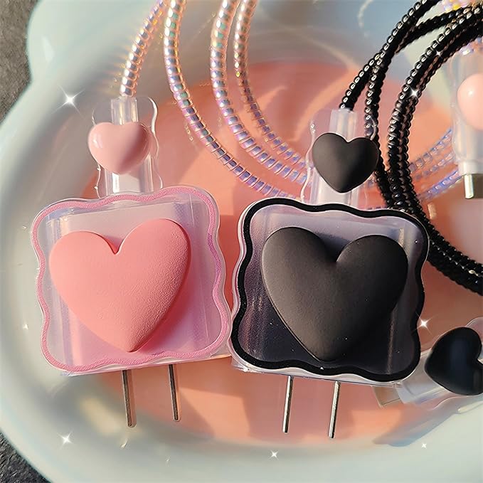 Cable Protector Charger Cover for iPhone iPad 18W/20W Charger Adapter,Kawaii Love Heart Charger Cord Protector,Soft Phone Cord Protector for iPhone iPad 18W/20W USB-C 1112 13 14 15 16 17 Pro Max-Black