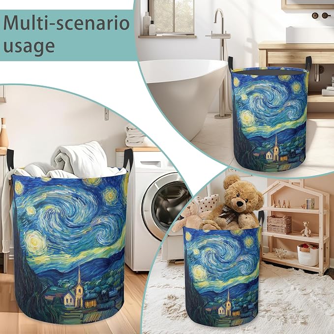 Starry Night Round Laundry Basket Collapsible Laundry Hamper with Handles Toys Clothes Organizer Bin For Home Bathroom Bedroom Dorm Nursery