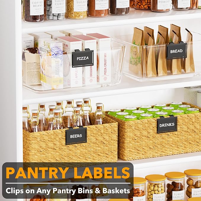 SpaceAid 10 Pack Pantry Basket Labels Clip on for Storage Bins, with 20 Label Cards, Kitchen Bin Label Tags, Removable Home Metal Bin Organization, Black and White Chalk Included (Black)