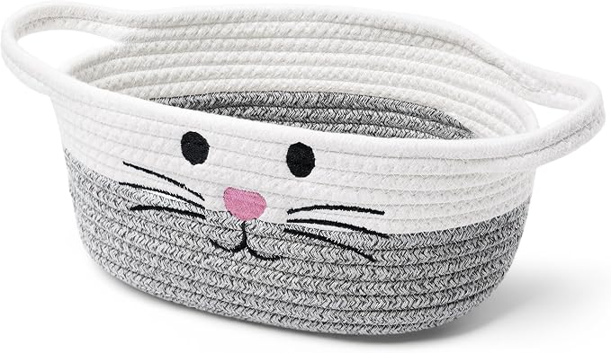 Small Woven Baskets for Organizing Rope with Handle Cute Cotton Basket for Nursery Gift Dog Cat Toy Storage Basket for Toy Organizer-Gray