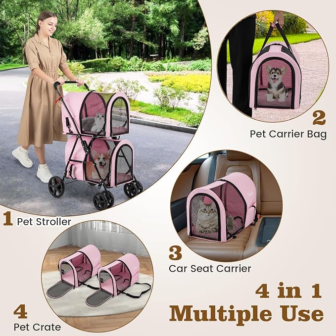 PETSITE Double Dog Stroller, Foldable Pet Stroller for 2 Dogs & Cats Small Medium Sized with Detachable Carrier on Wheels, Ideal for Car Seat Walking Camping Travel (Pink)