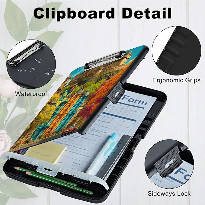 A4 Clipboard with Storage Pen Holder, Clipboards Organizer Nursing Clipboard Foldable File Folder Plastic Clipboard Folio Clip Board for Office Work Classroom Doctor, Castle Maple Tree