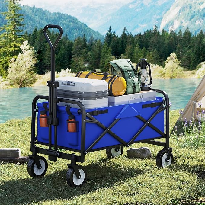 Collapsible Folding Wagon Garden Cart Beach Wagon Grocery Wagon All-Terrain Wheels Garden Grocery Wagon for Shopping Park Picnic, Beach Trip, Outdoor Activities, Camping (Blue)